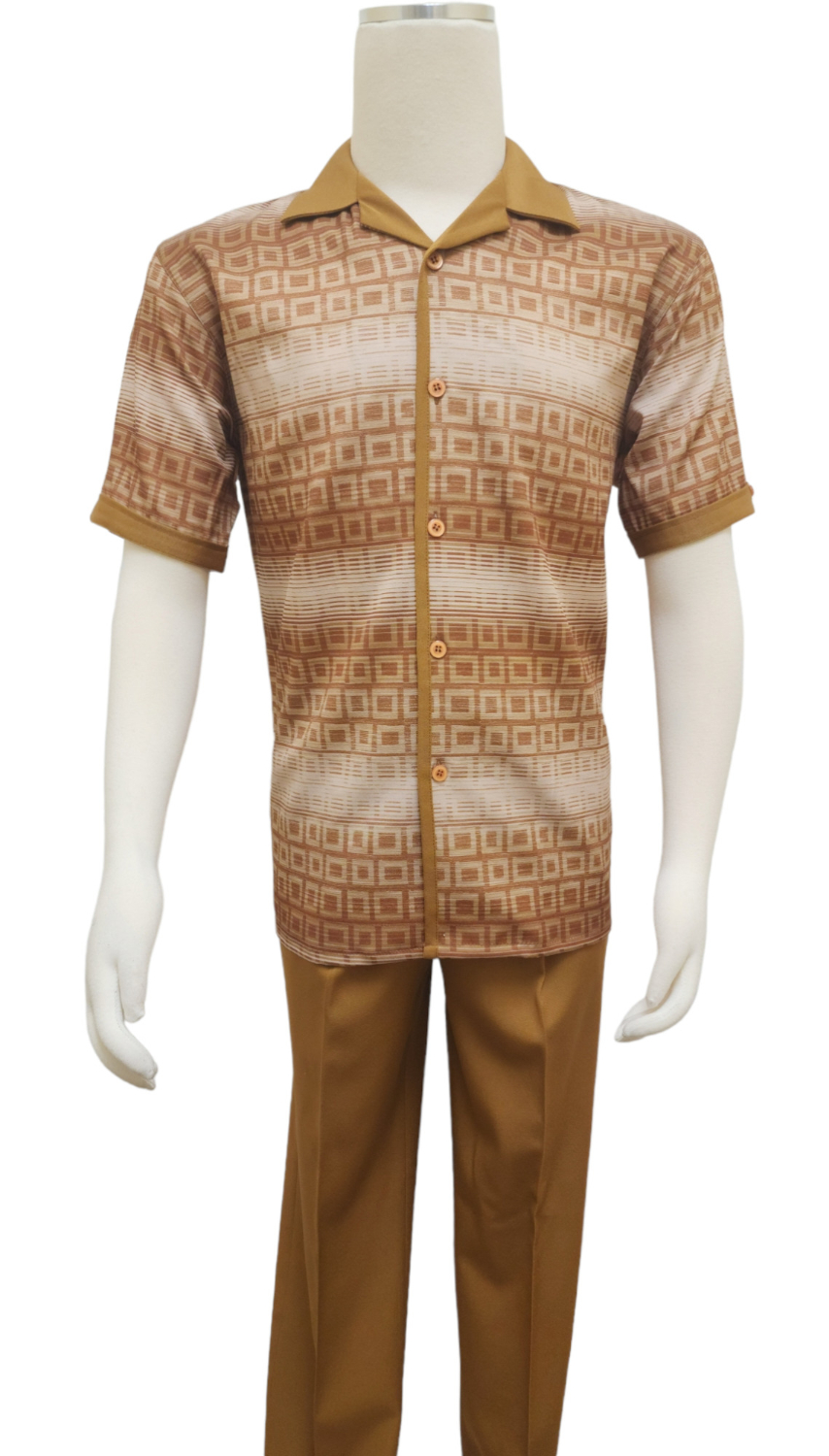 Pronti Caramel / Beige Geometric Design Short Sleeve Outfit SP6559